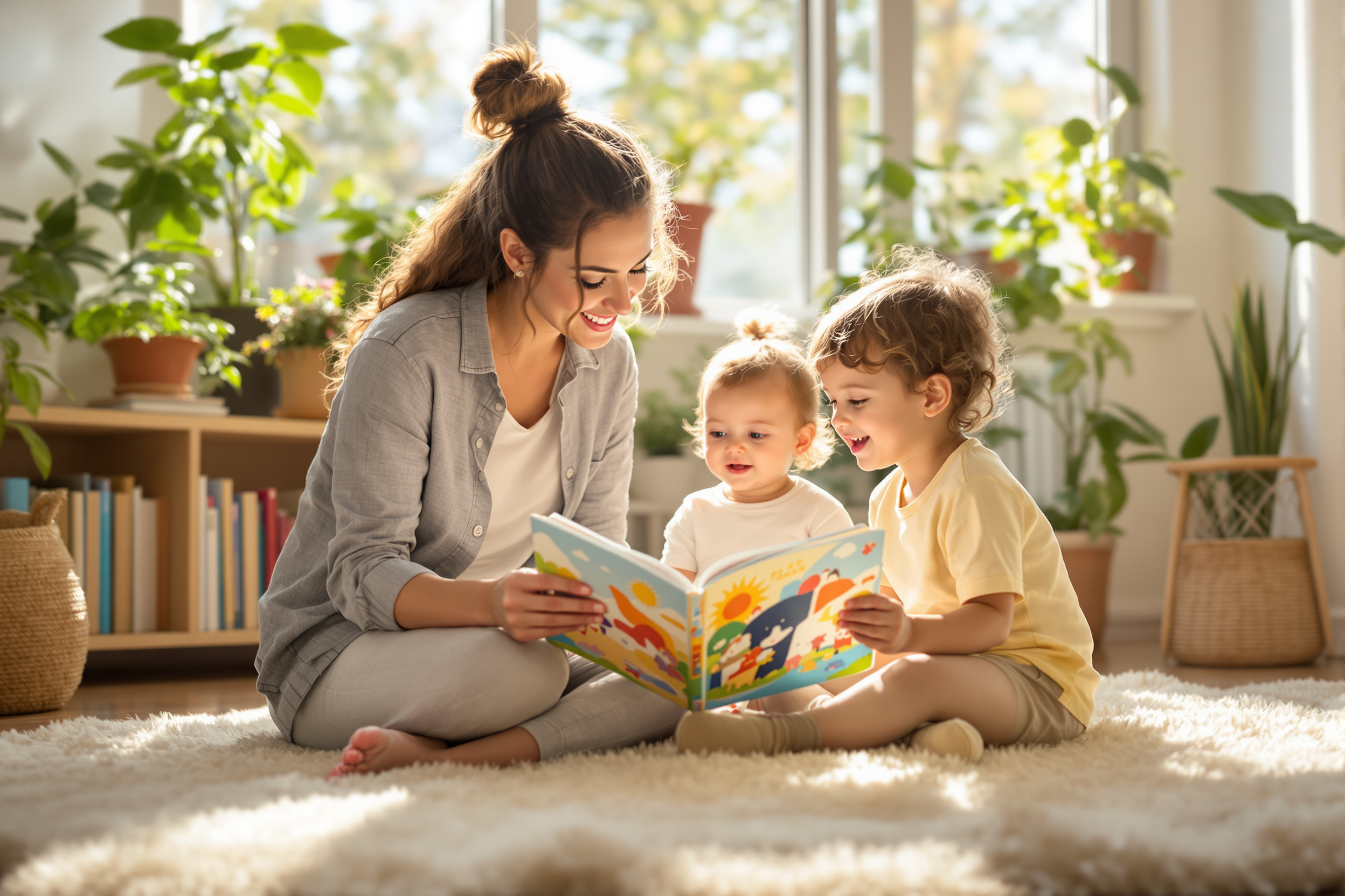 Caregiver reading a picture book to two toddlers in a sunlit home reading nook