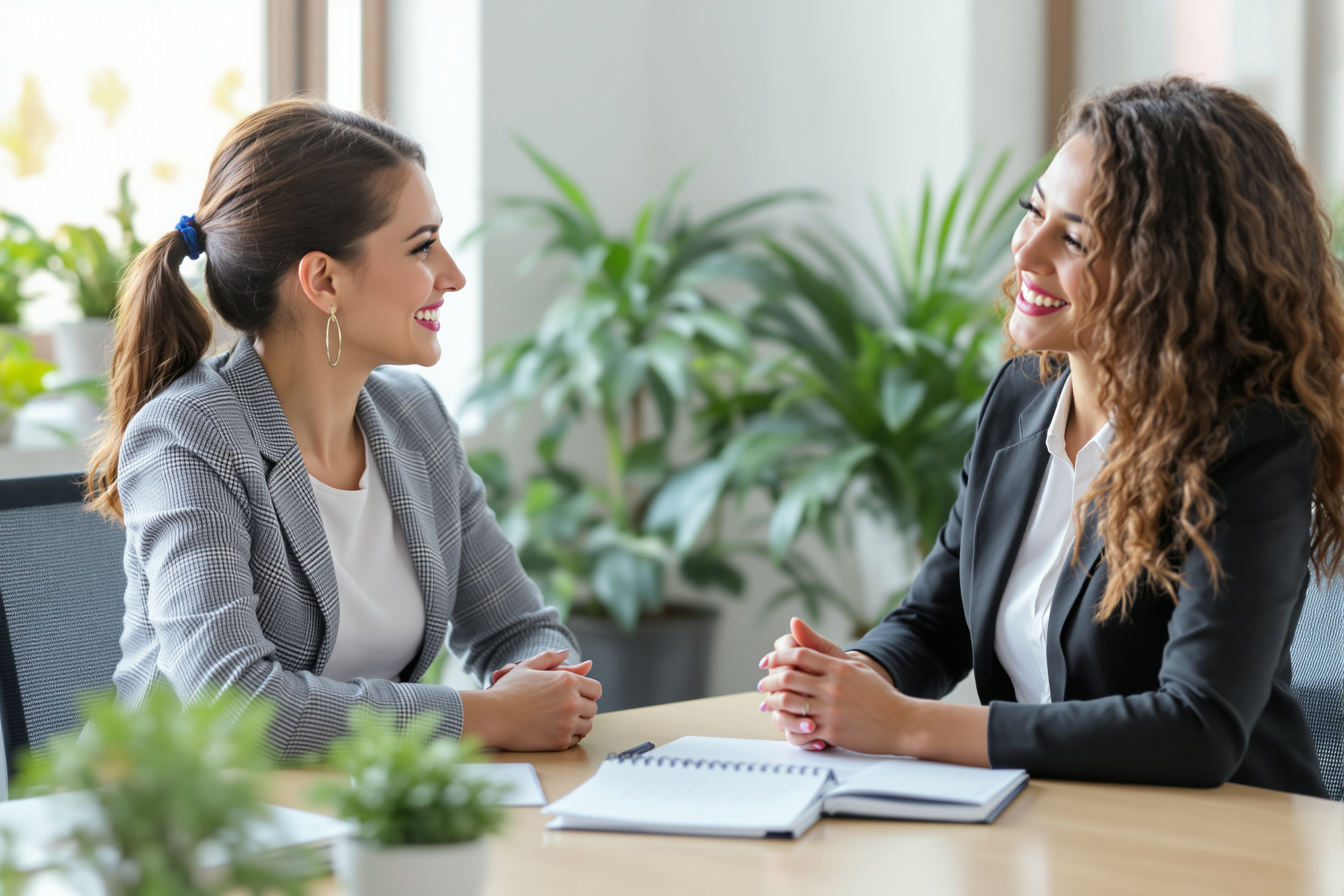 Two women in a friendly consultation across a bright office table