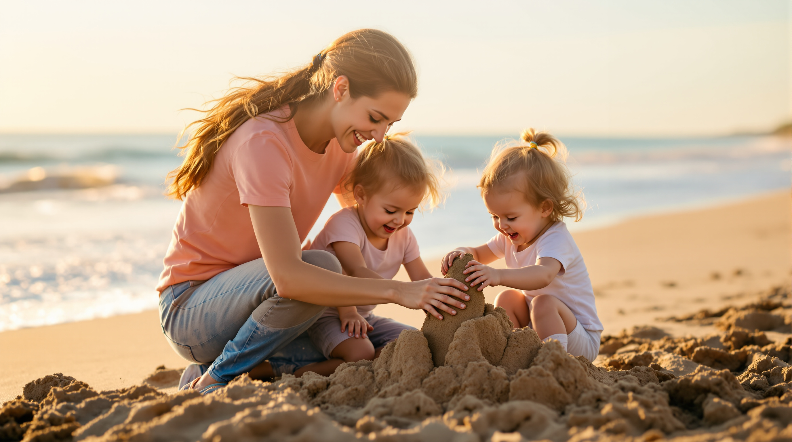 Caregiver building a sandcastle with two young children on a sunny beach