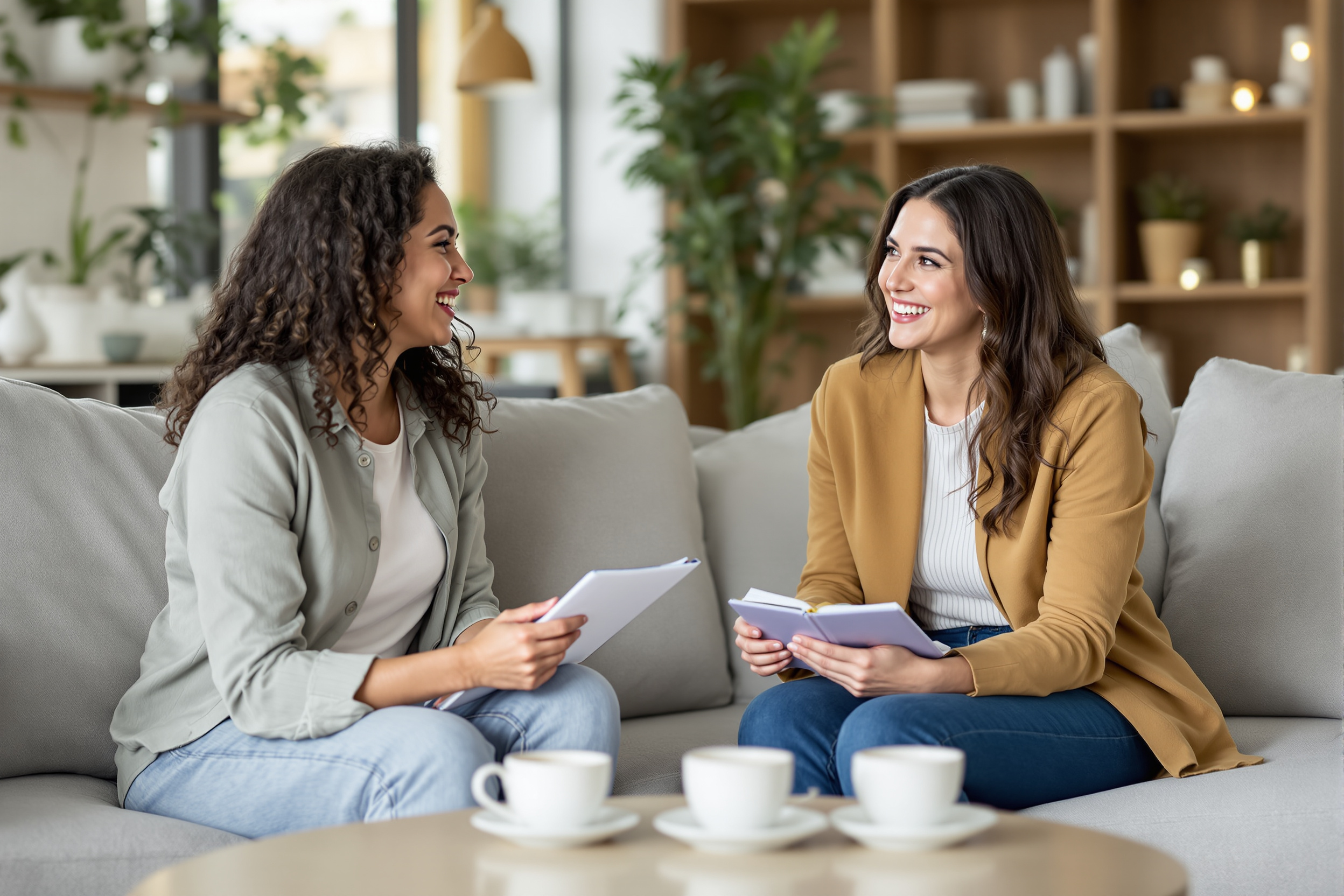 Mother with a notebook interviewing a smiling nanny candidate in a bright living room
