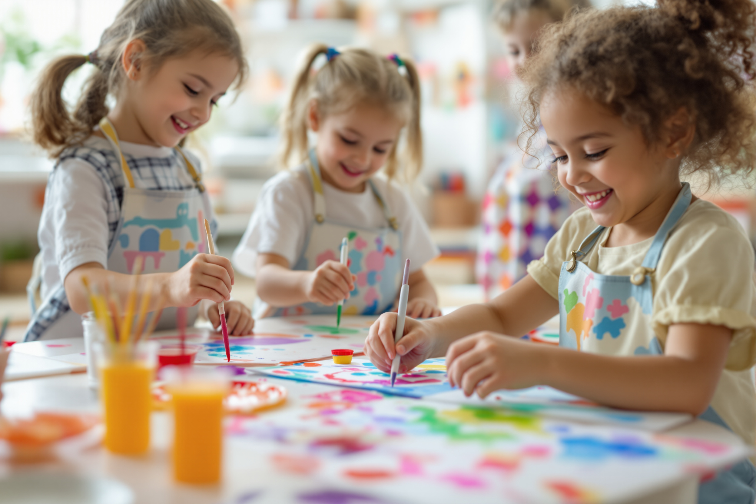 Happy young children painting with watercolors at a craft table