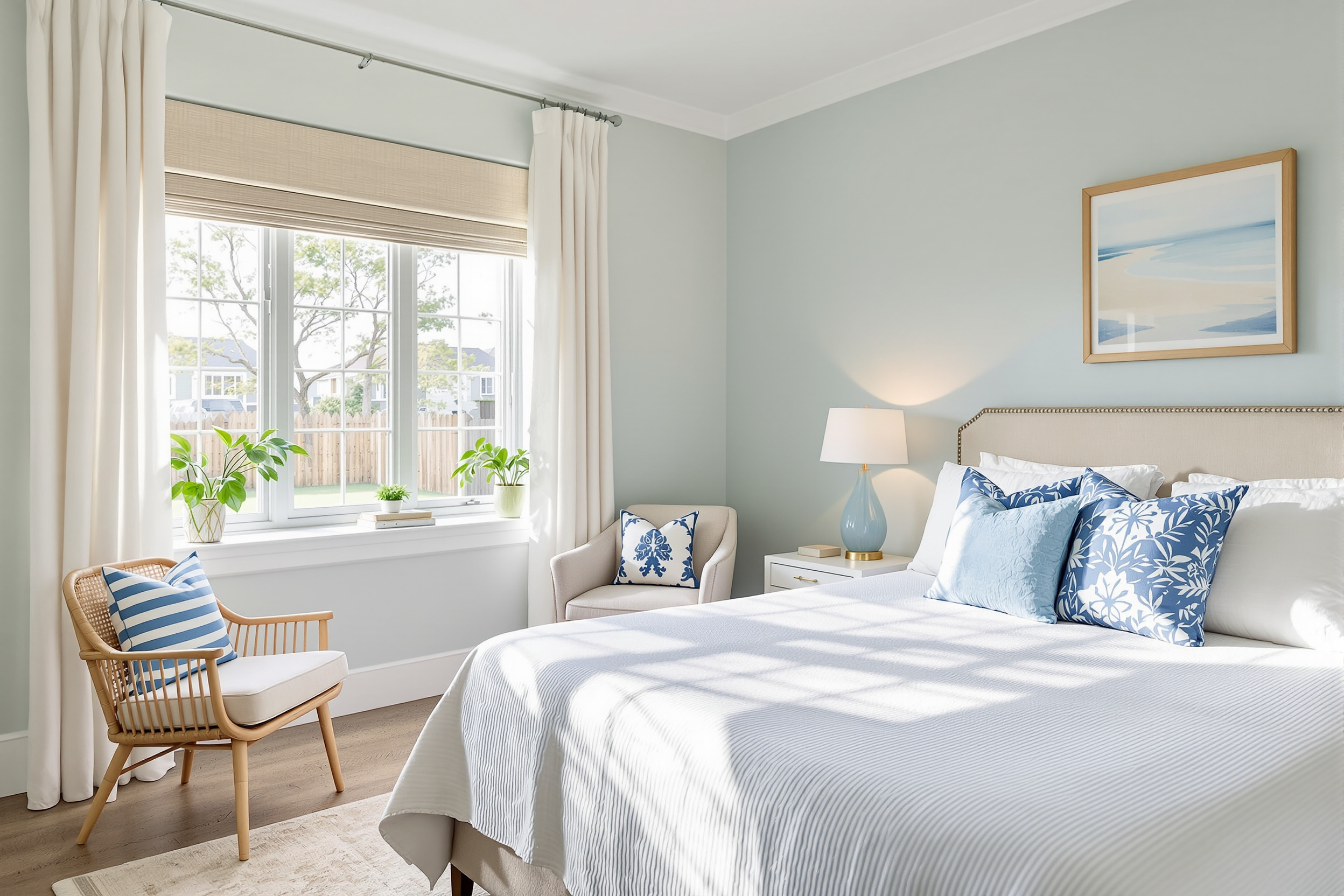 Bright welcoming guest bedroom with coastal blue and sand accents prepared for a live-in caregiver
