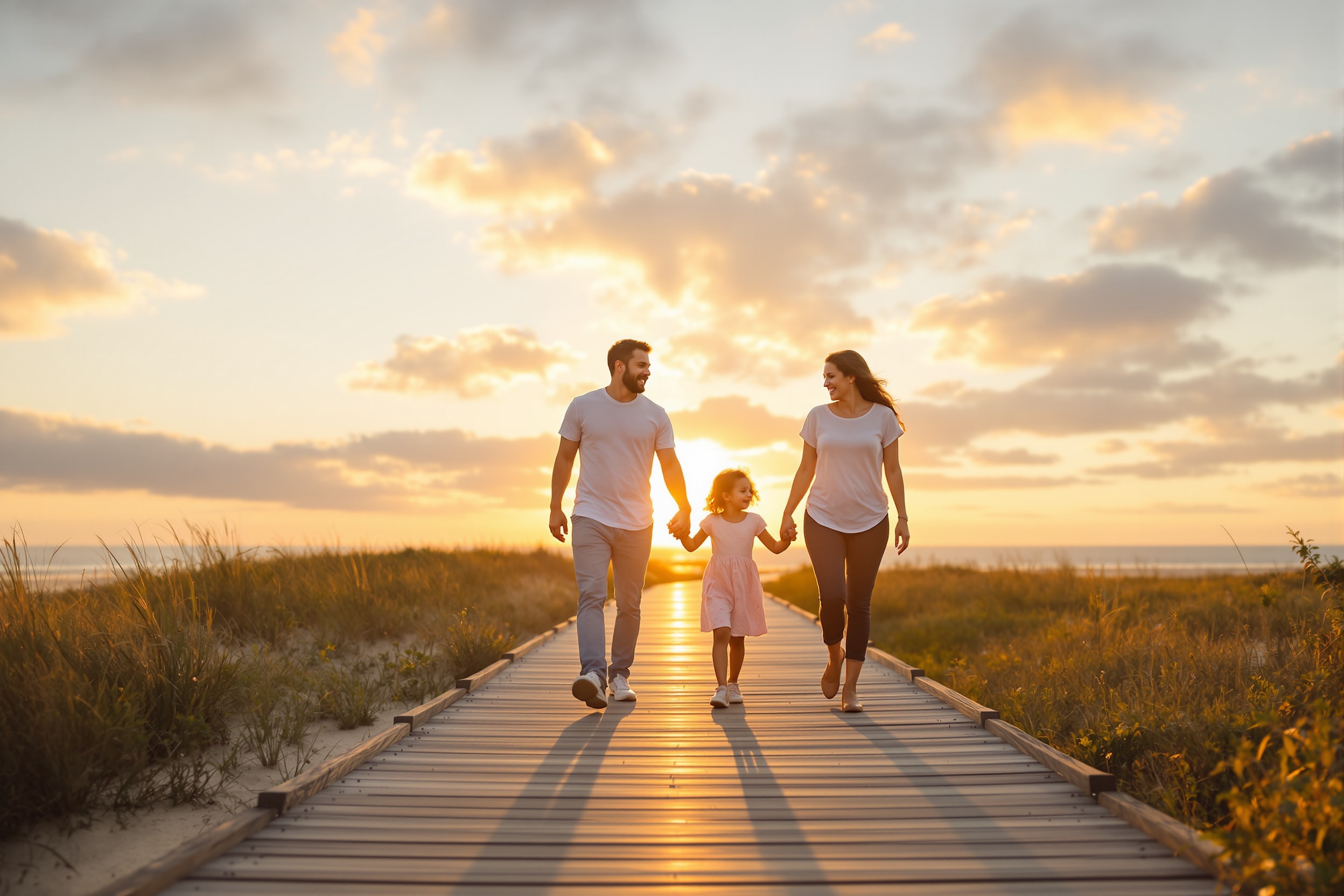 Family of four walking along a beach boardwalk at sunset