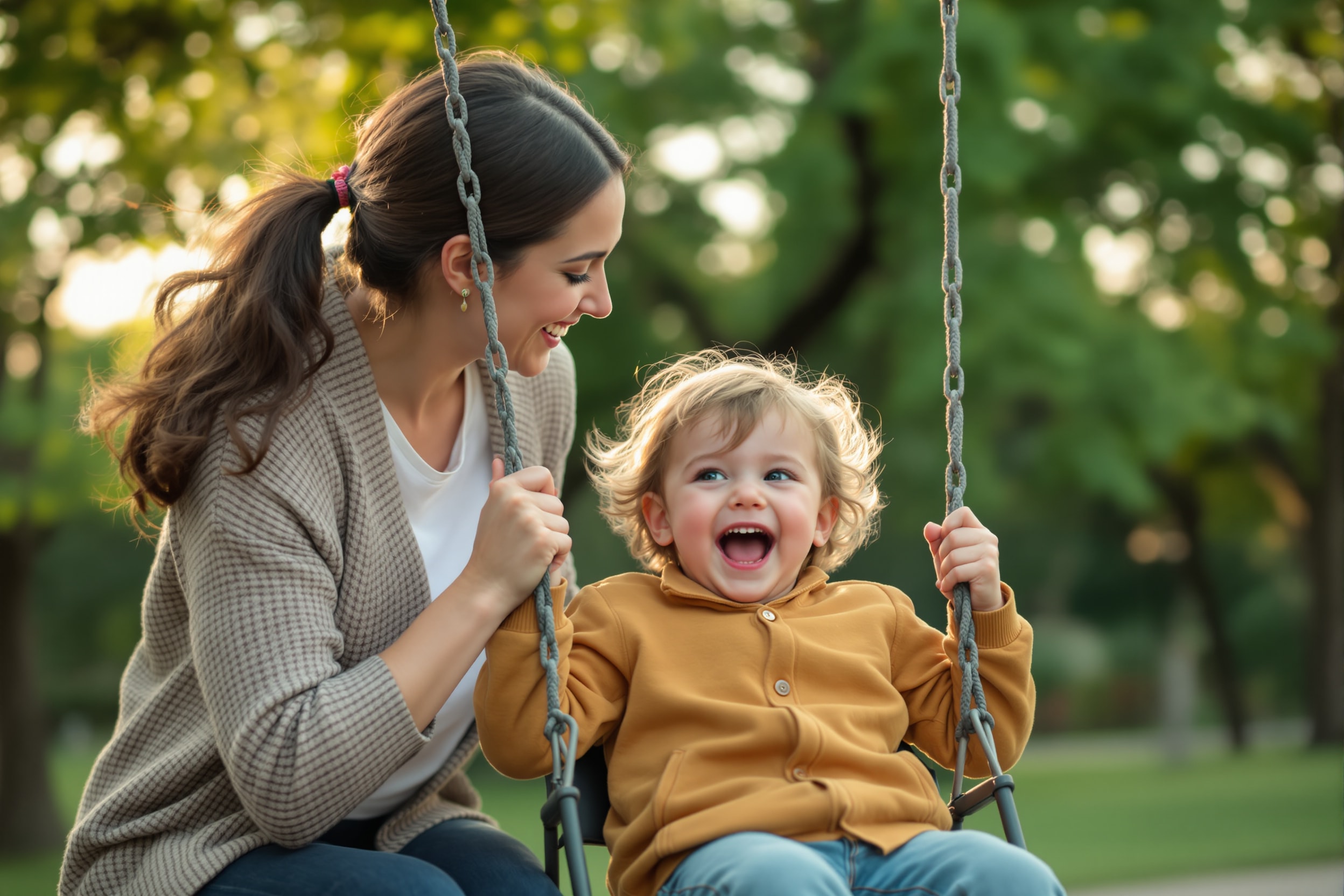 Caring nanny pushing a laughing child on a park swing at golden hour
