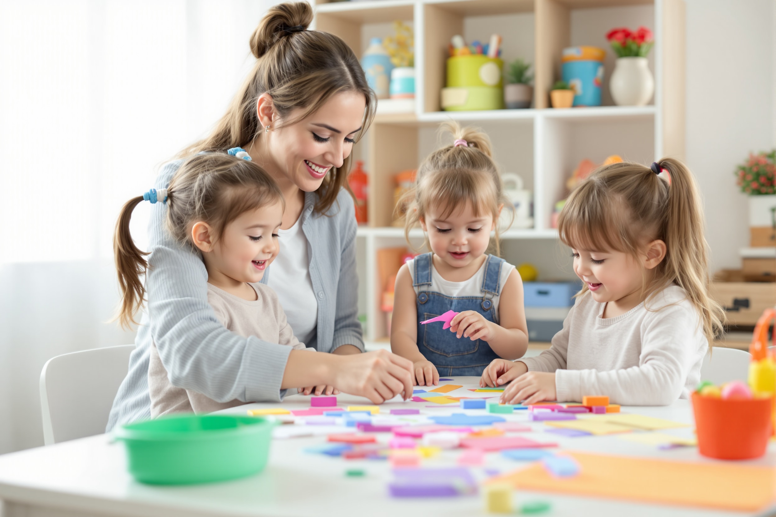 Professional nanny doing paper crafts with two preschool children in a bright playroom