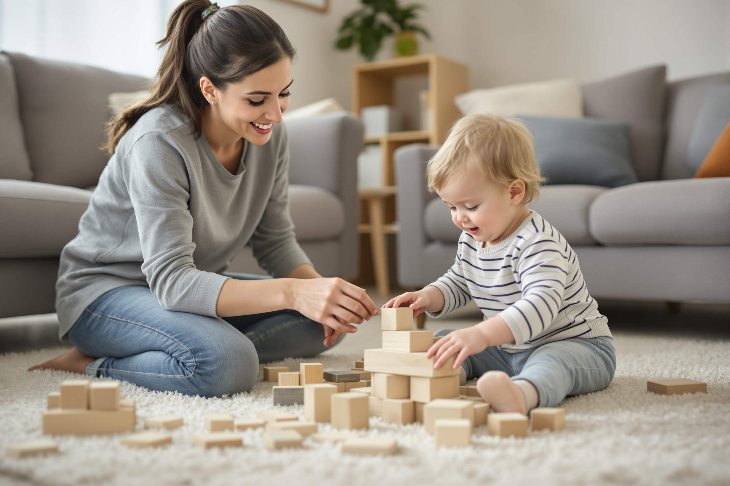 Caregiver and toddler building wooden blocks together at home